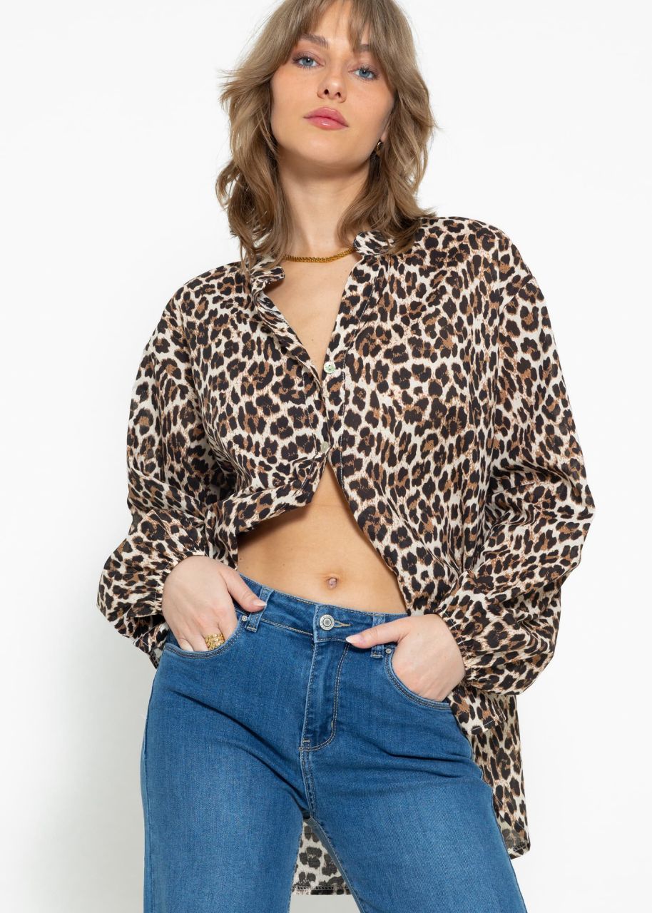 Cotton blouse shirt with leo print - brown