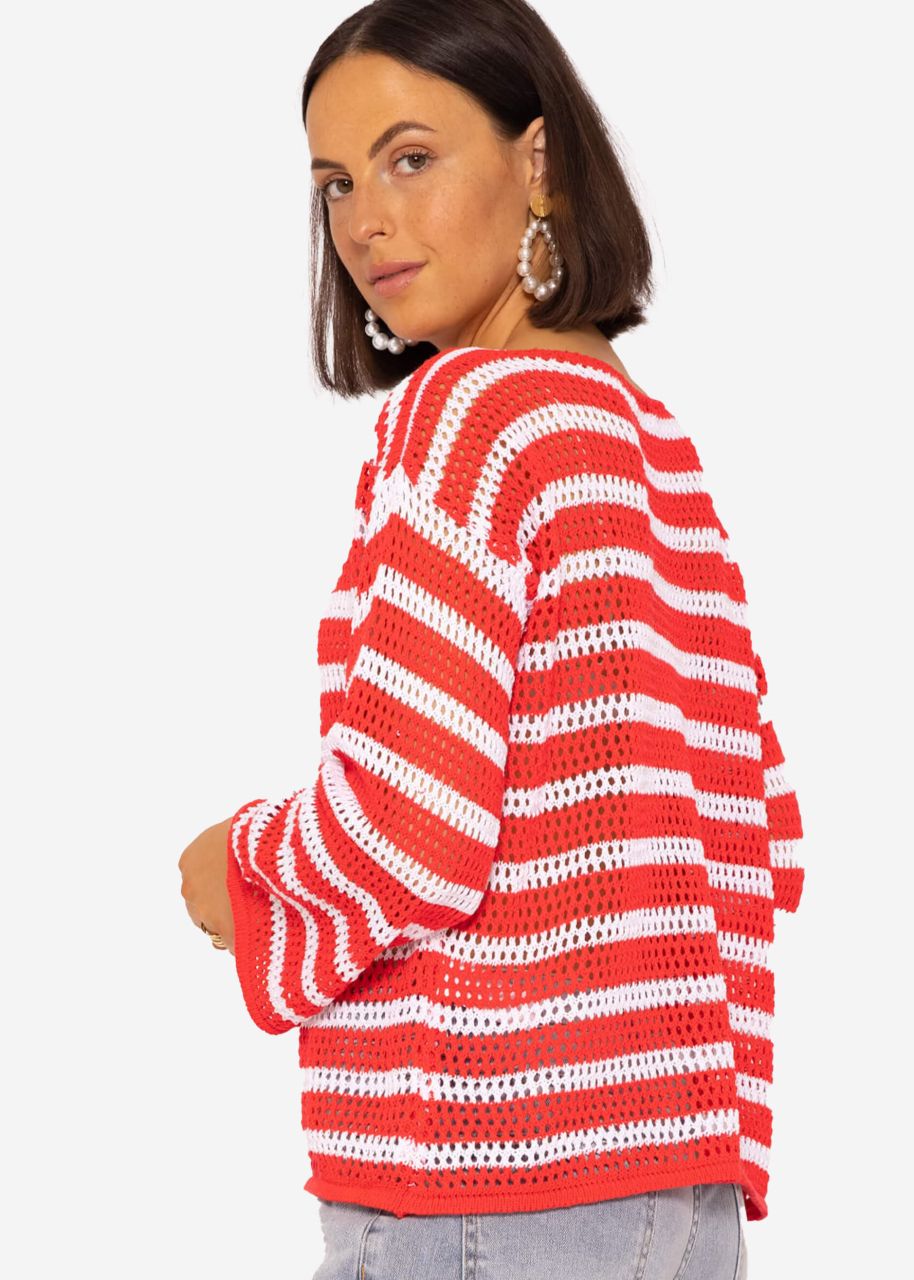 Stripe Crochet Sweater, Red-White