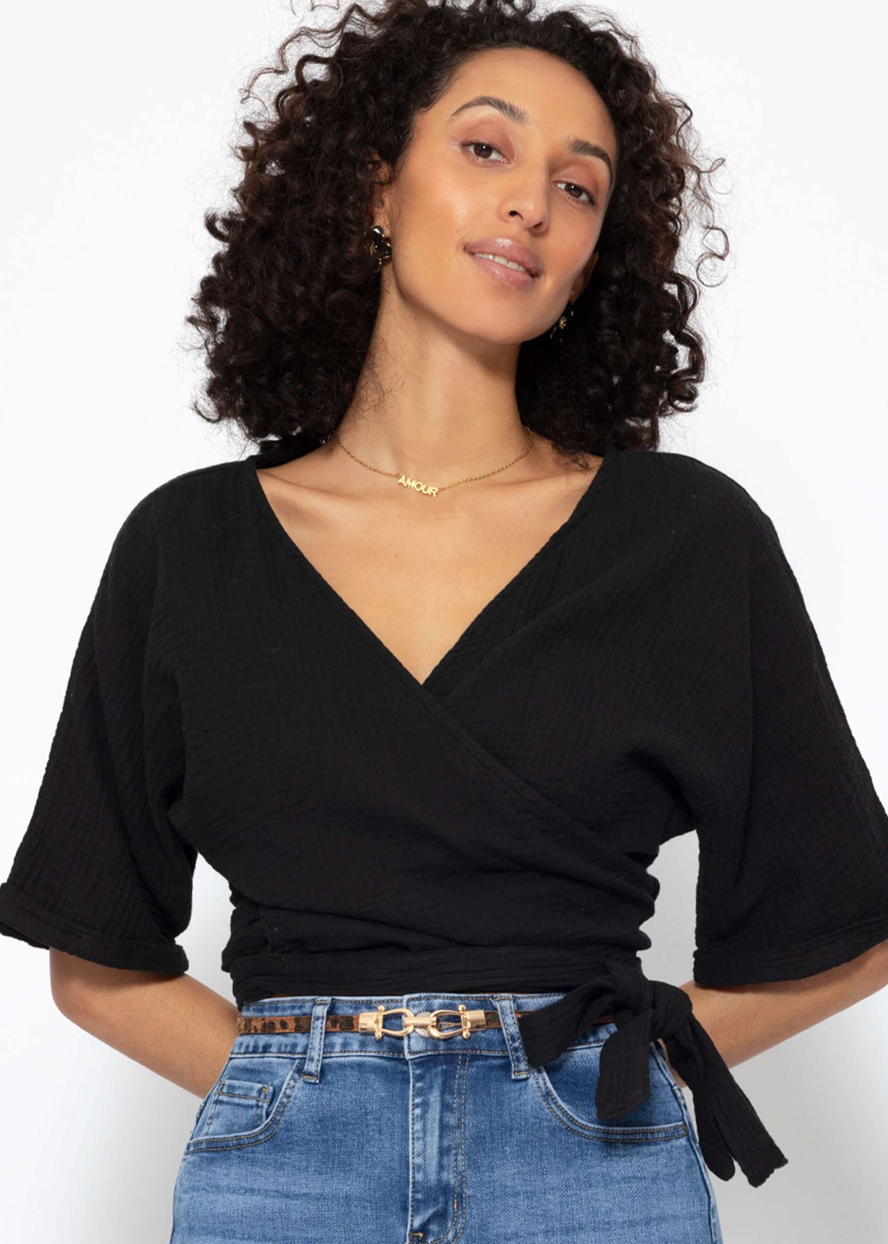 Wrap-around muslin blouse - black