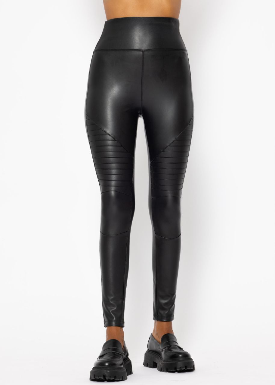 High-rise thermal biker leather leggings - black