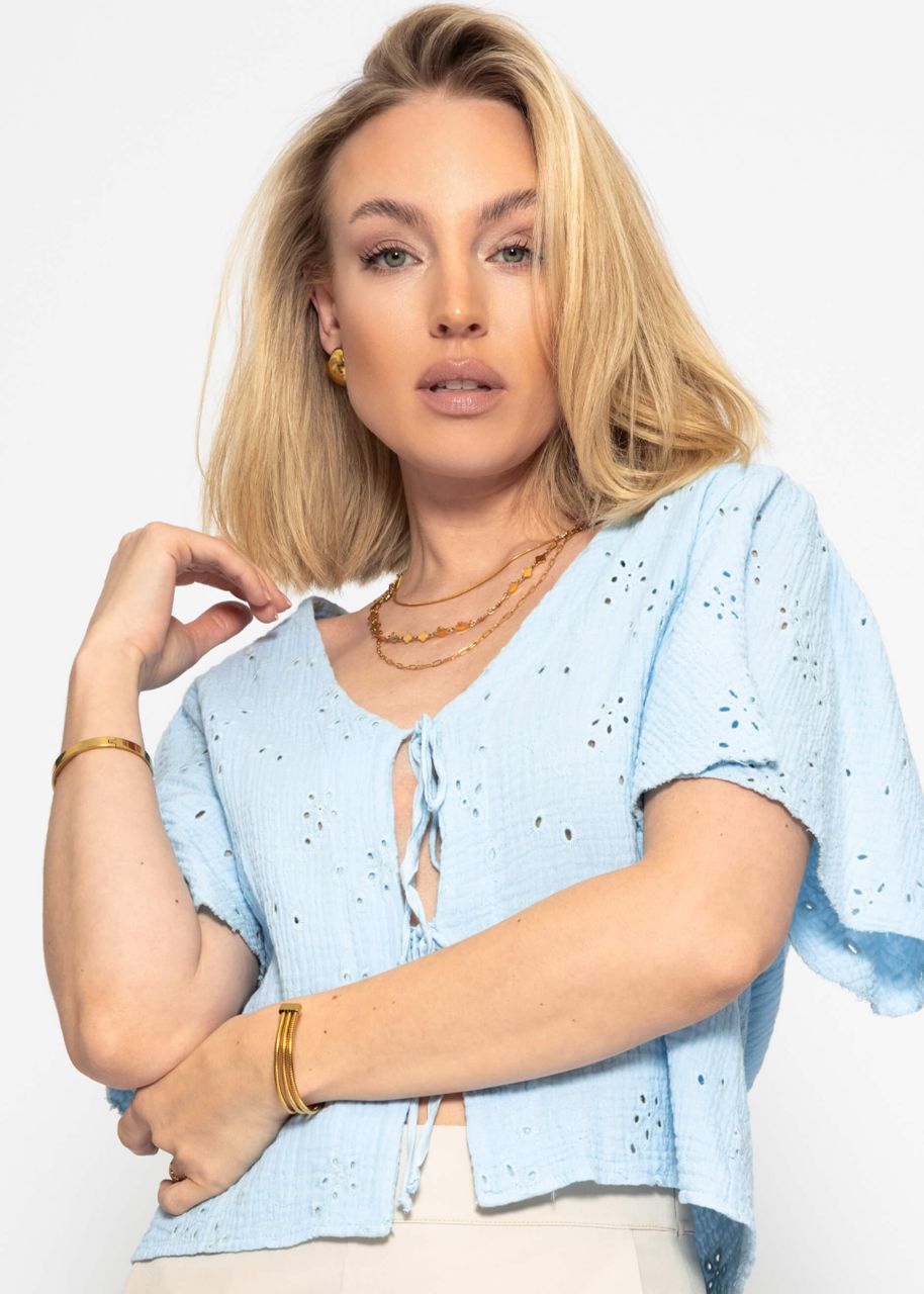 Muslin tie-up blouse with eyelet embroidery - light blue