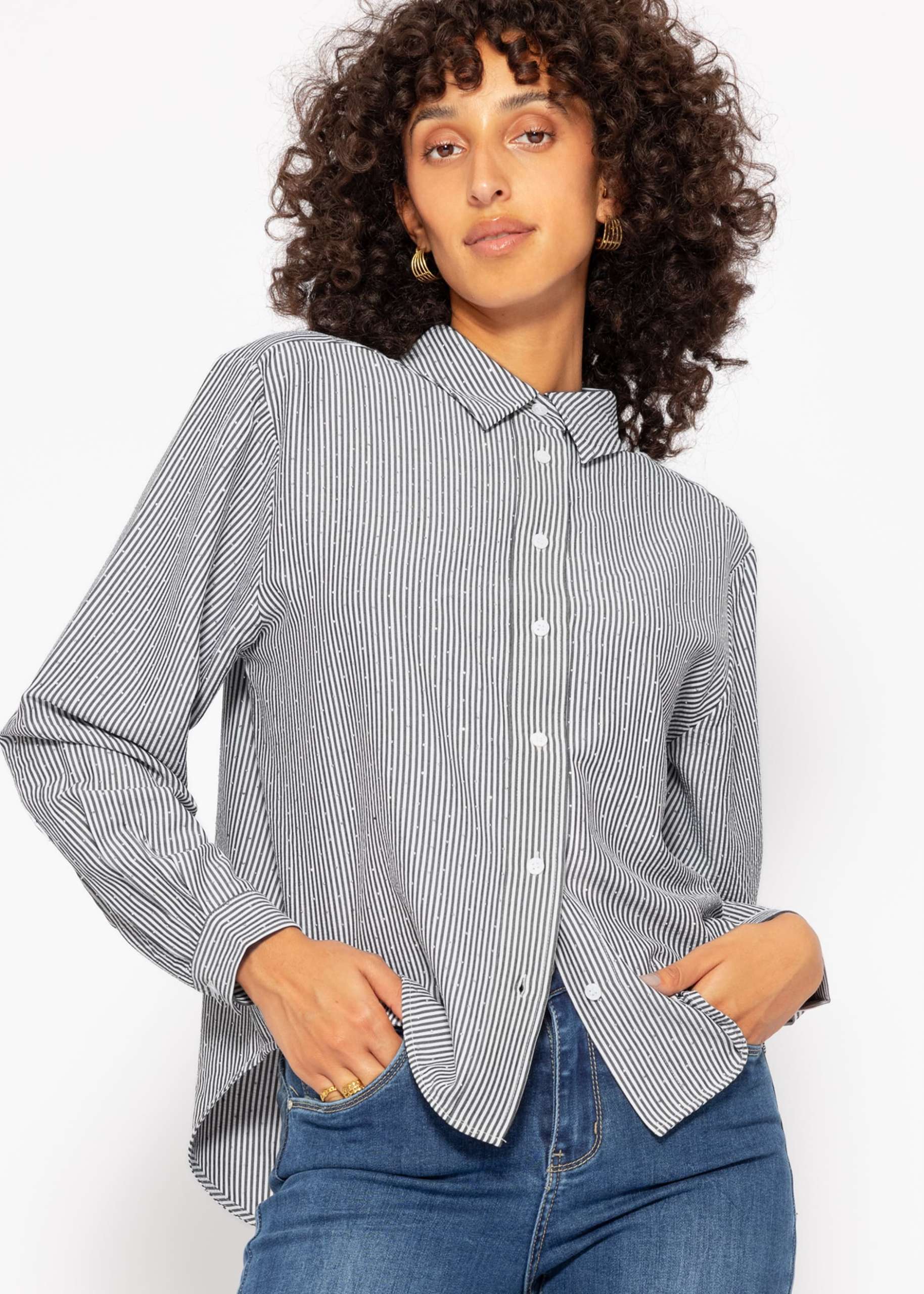 Striped blouse with rhinestones - grey