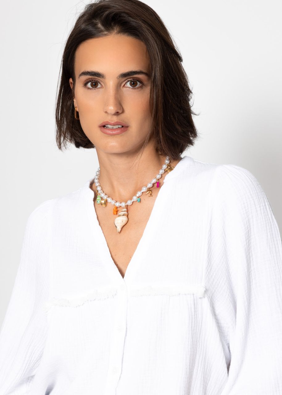 Muslin blouse with V-neck and fringes - white