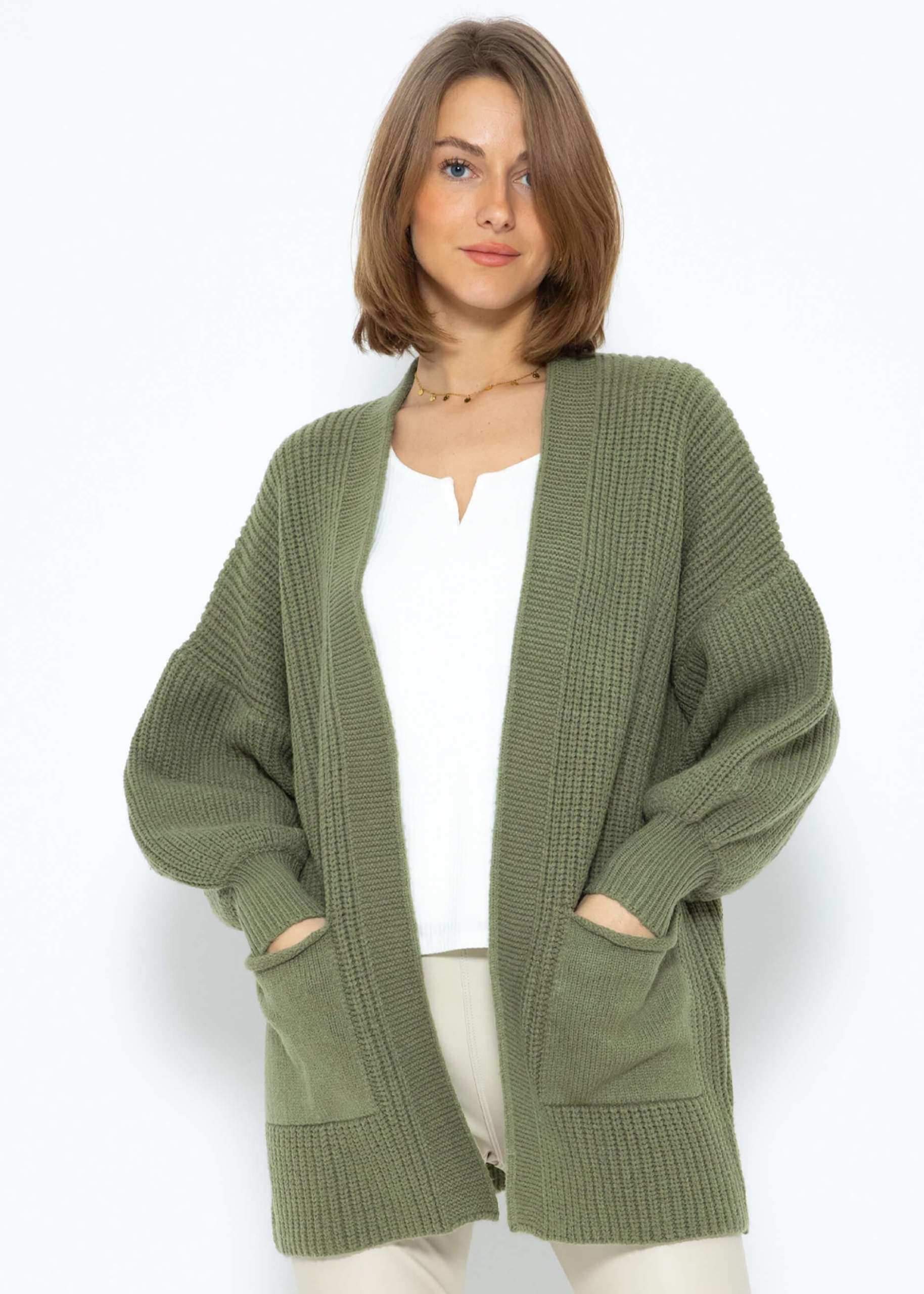 Soft knit cardigan with pockets - khaki