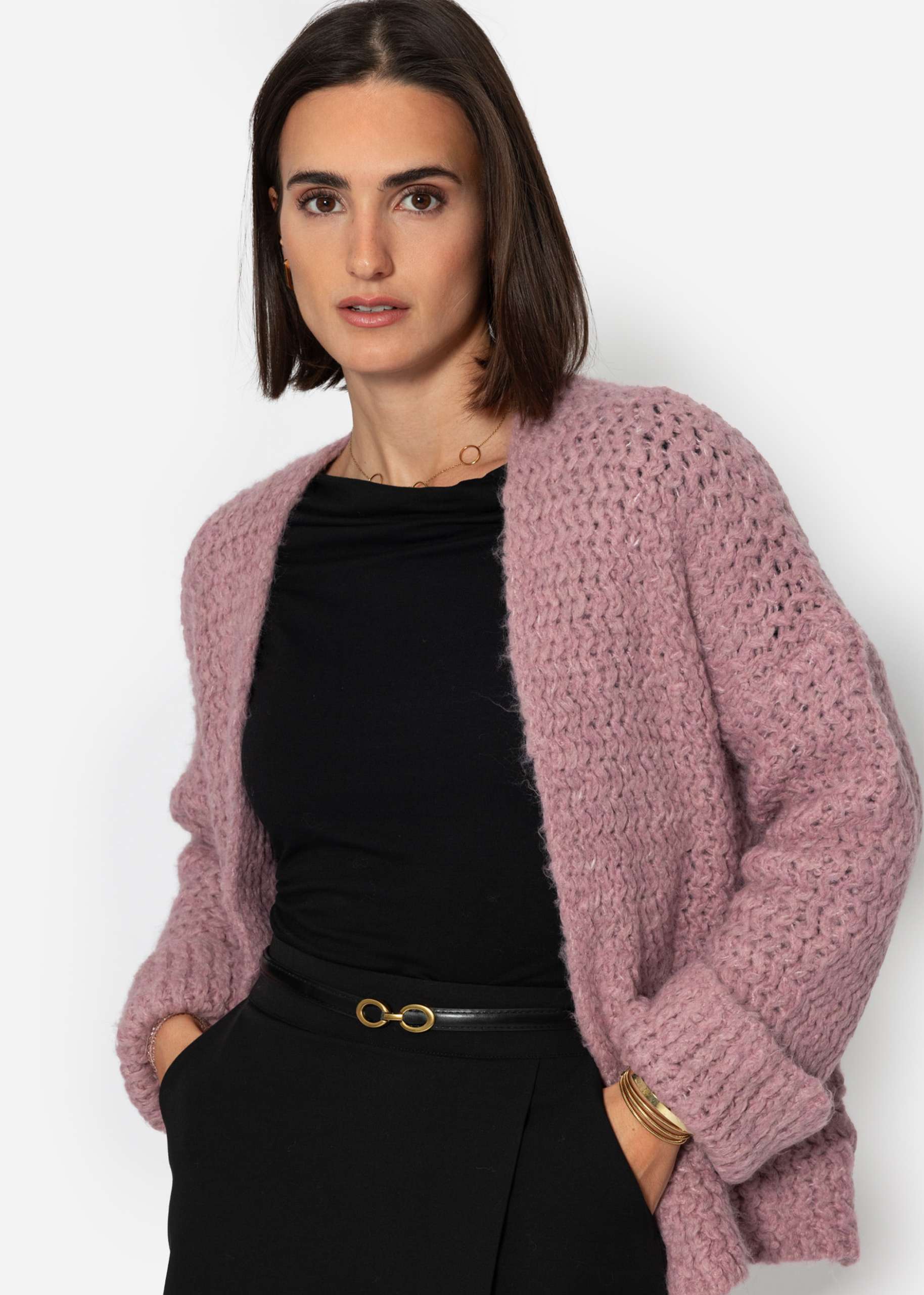 Chunky knit cardigan with trumpet sleeves - powder pink