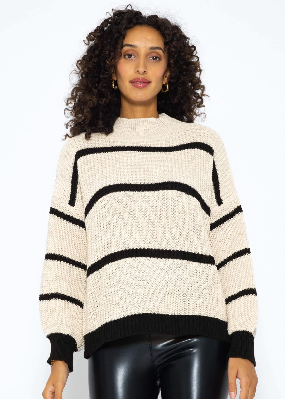 Striped turtleneck jumper - light beige-black