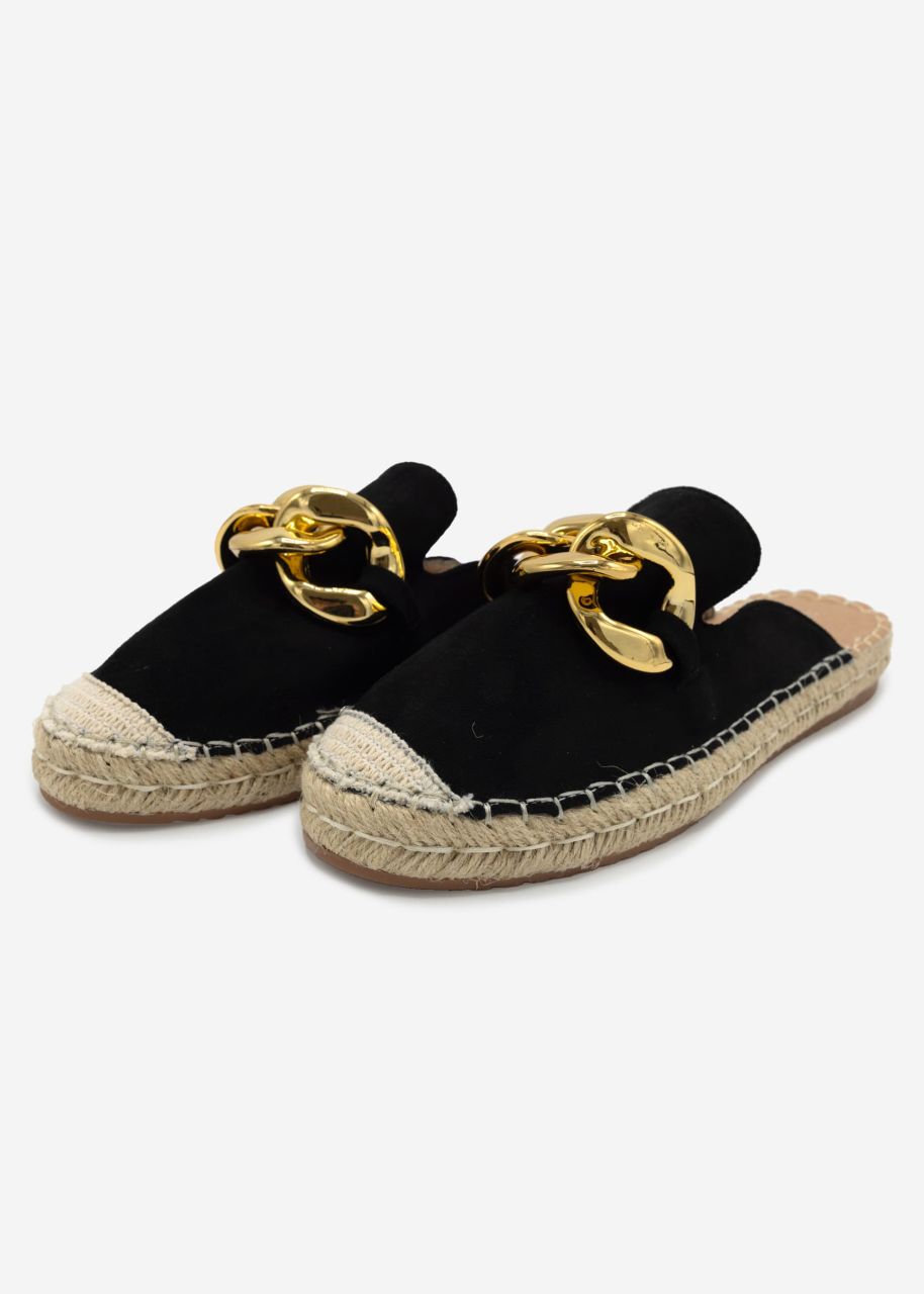 Espadrille slider with chain - black