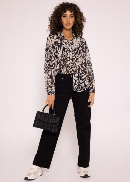 Transparent blouse with print black/offwhite