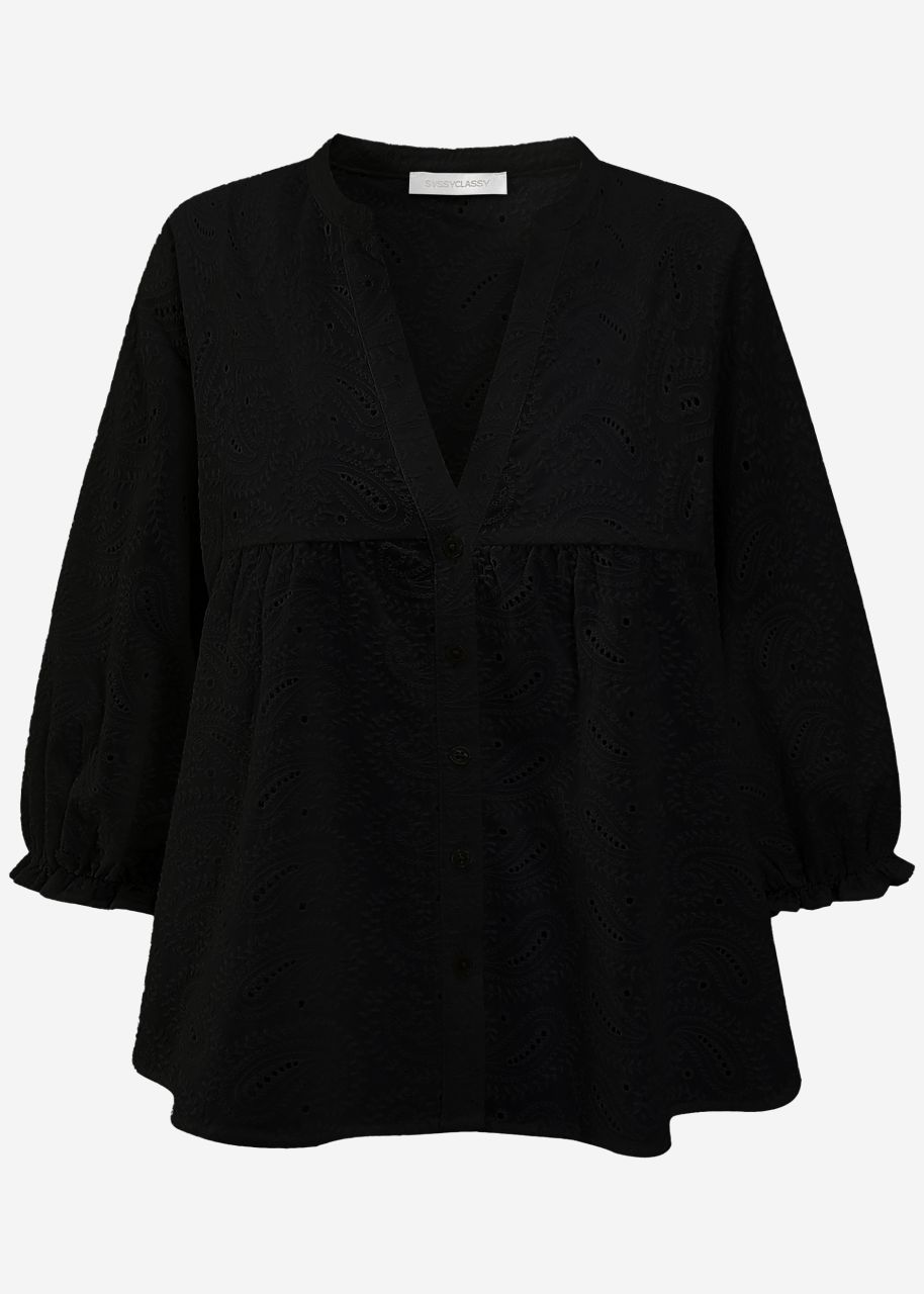 Lace blouse with short balloon sleeves - black