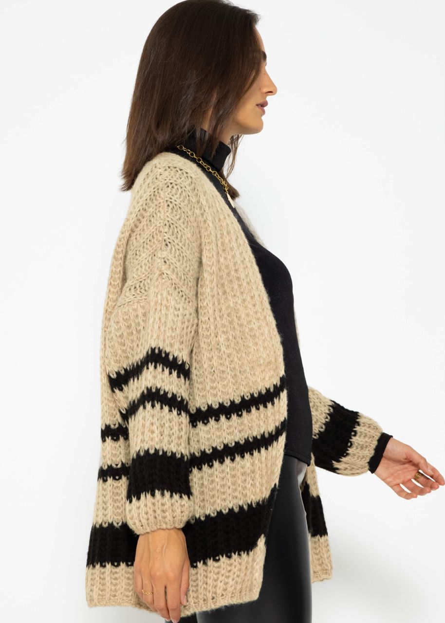 Knitted cardigan with black stripes - beige