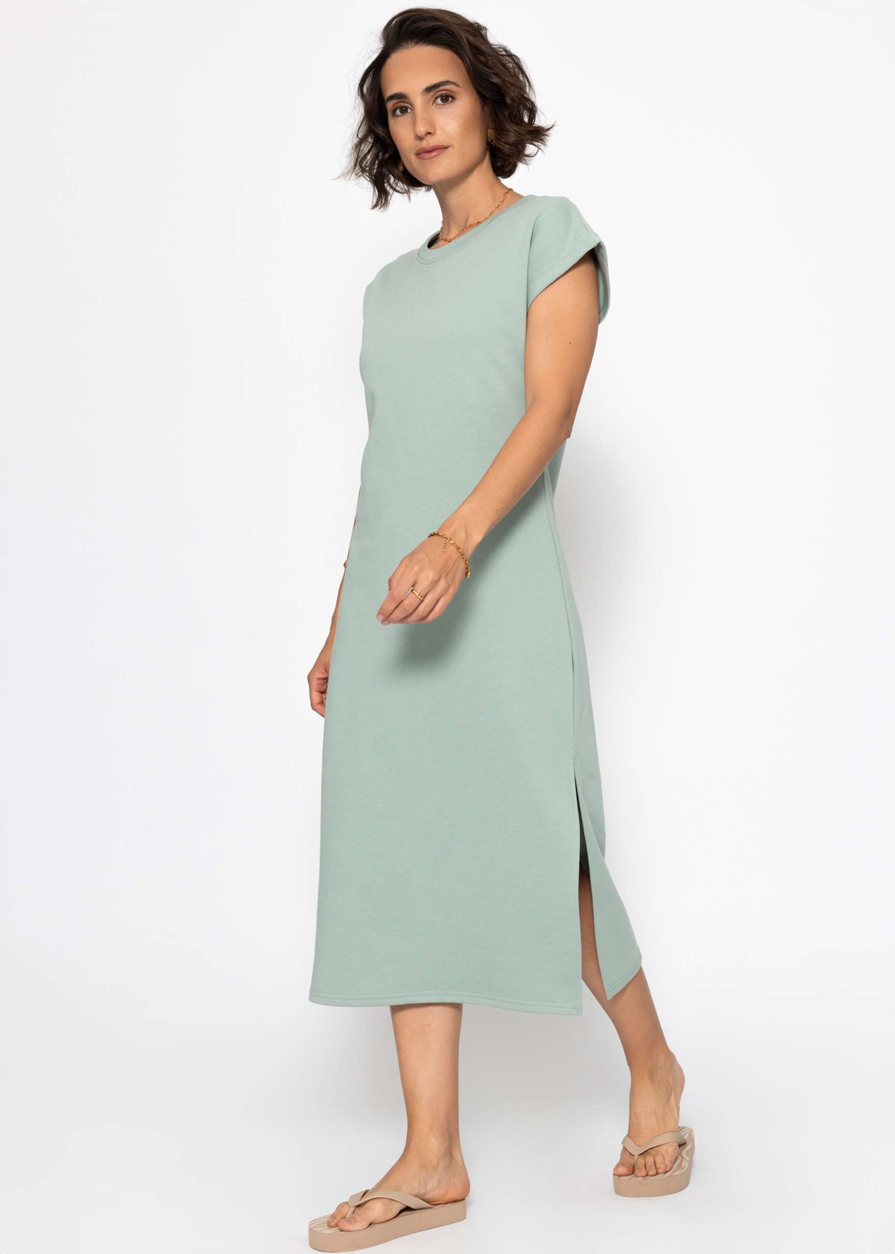 Long sweat dress with slit - sage green