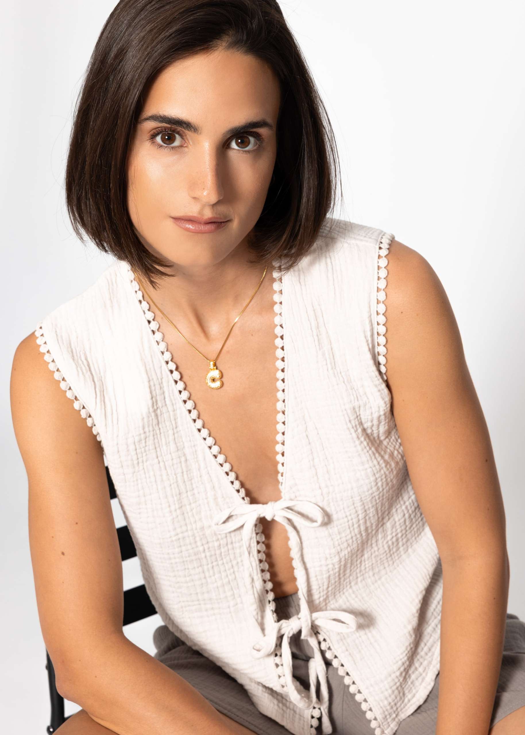 Muslin top with bows - light beige
