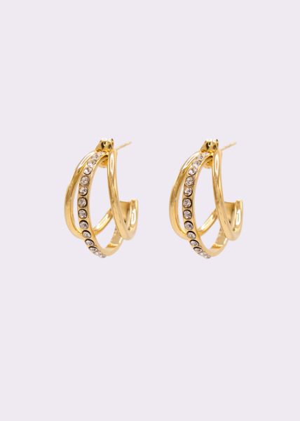 Triple earrings with sparkling stones, gold