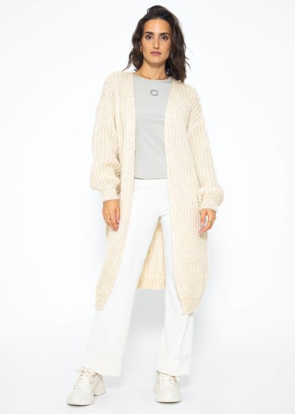 Ribbed long cardigan with balloon sleeves - beige