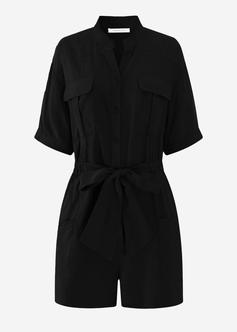 Linen jumpsuit with tie belt - black