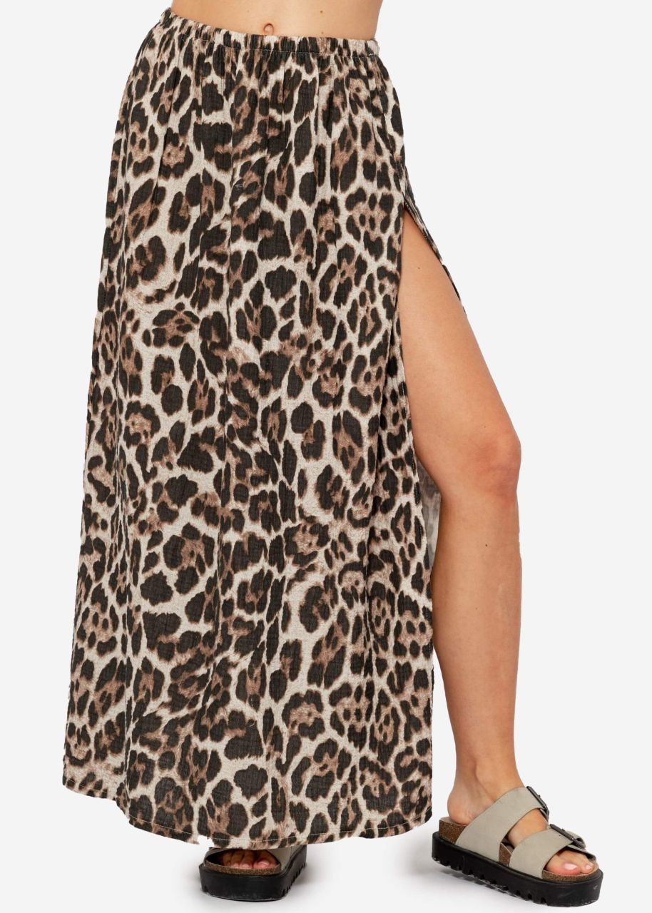 Long muslin skirt with leo print - brown