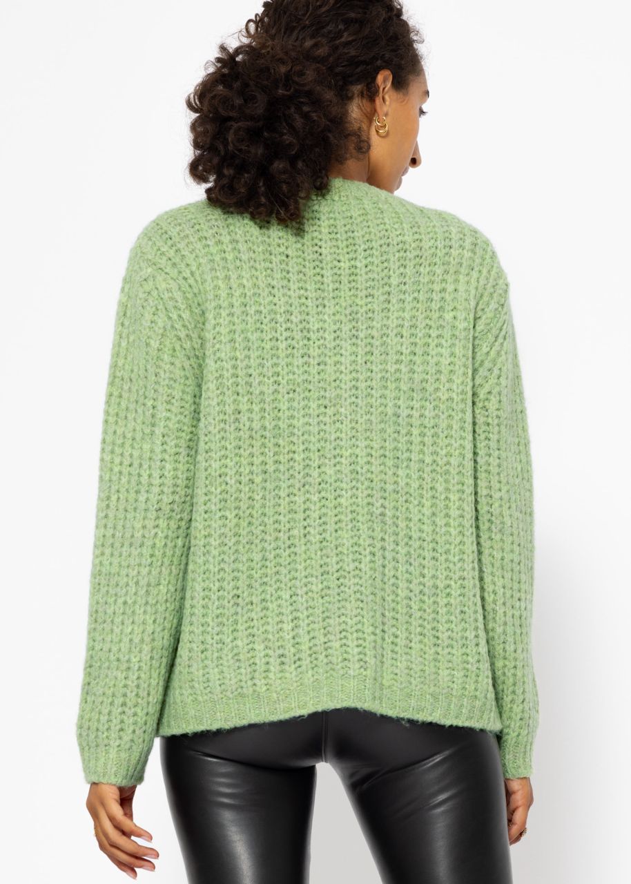 Oversized chunky knit jumper with V-neck - sage green